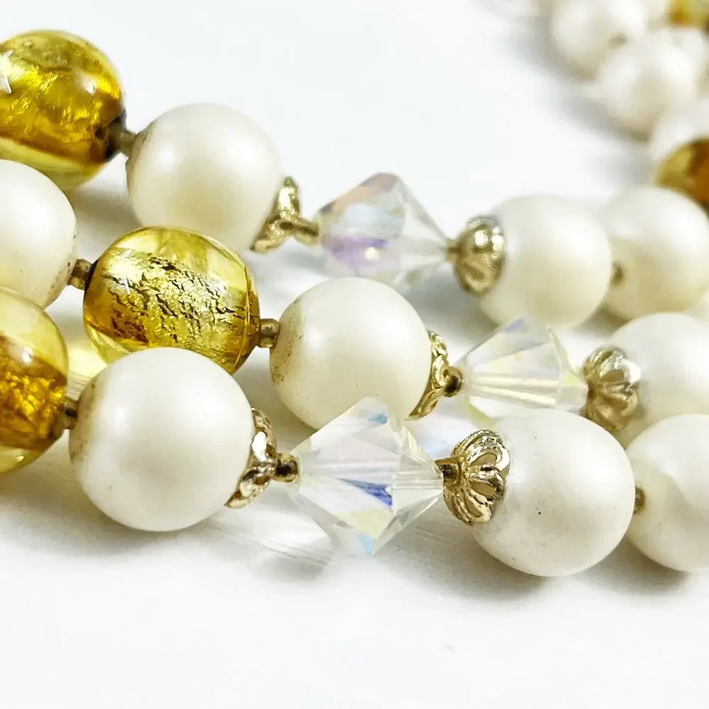 Vintage Mid-Century 3-Strand Faux Pearl Gold & AB Necklace